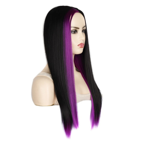 Fashion Medium Haircut Side Bangs Highlight Color Long Straight Wig(Black Light Purple)