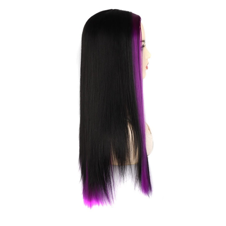 Fashion Medium Haircut Side Bangs Highlight Color Long Straight Wig(Black Rose Red)