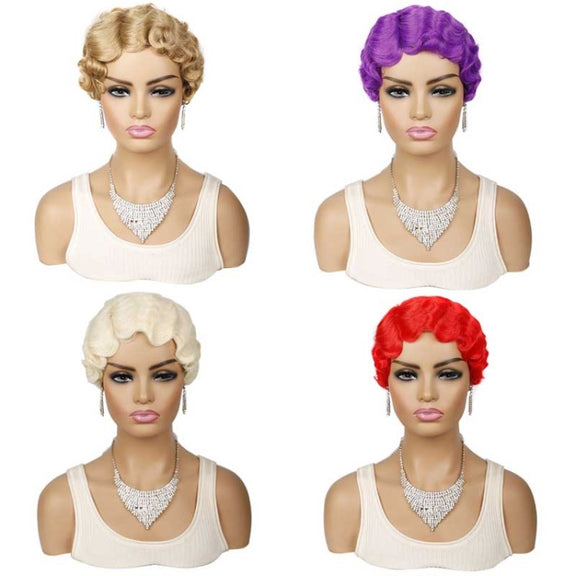 Ladies Short Hair Wig Retro Water Wave Curly Wig(27 #)