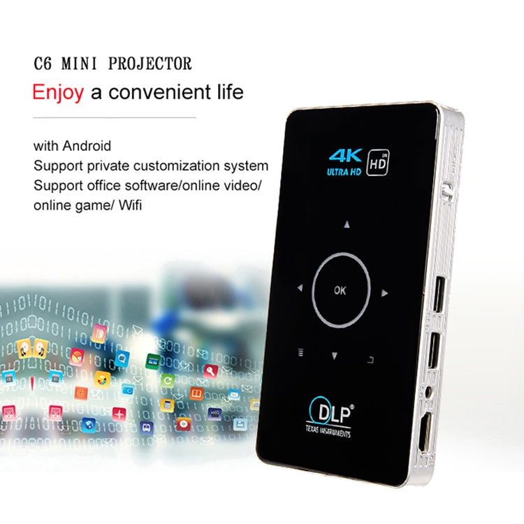 C6 1G+8G Android System Intelligent DLP HD Mini Projector Portable Home Mobile Phone Projector， UK Plug (Black)