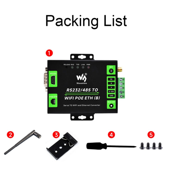 Waveshare Industrial Grade Serial Server RS232/485 to WiFi / Ethernet RJ45 Network Port with POE Support