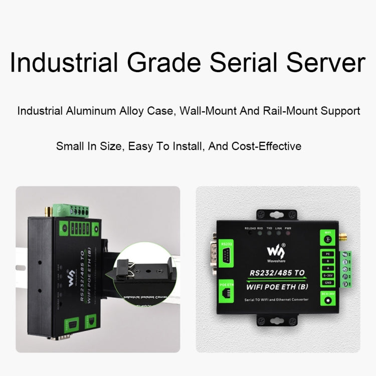 Waveshare Industrial Grade Serial Server RS232/485 to WiFi / Ethernet RJ45 Network Port with POE Support