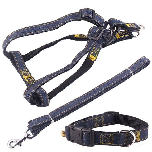 BG-Q1025 Leash+Chest Strap+Collar Thickened Strong Denim Pet Dog Leash Set, Size: XL(Black)