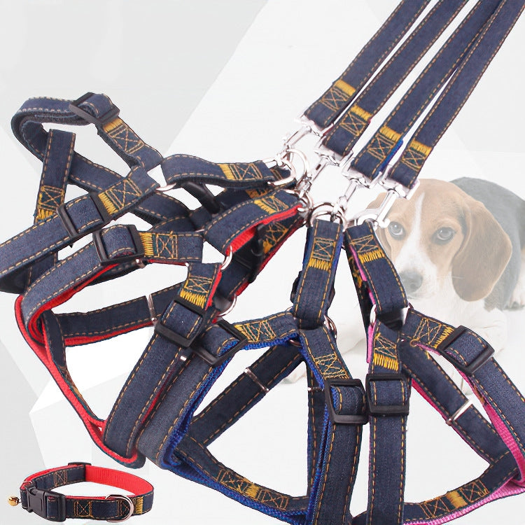 BG-Q1025 Leash+Chest Strap+Collar Thickened Strong Denim Pet Dog Leash Set, Size: XL(Black)