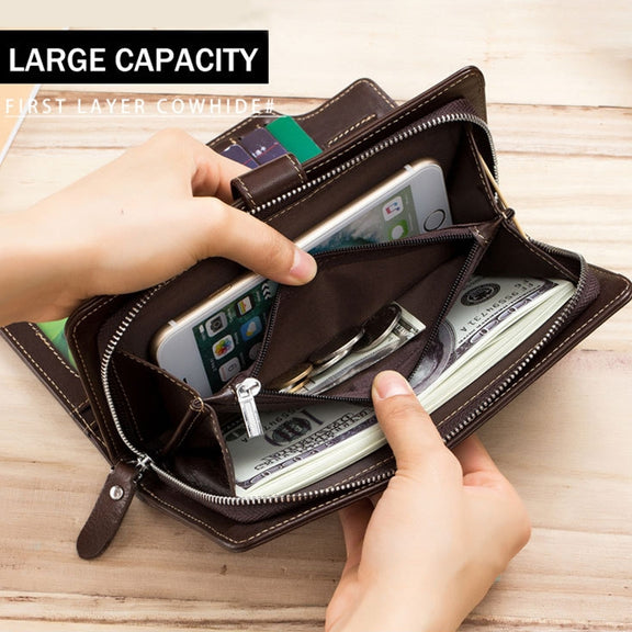 BULL CAPTAIN 028 Long Buckle Retro Cowhide Multi-Function Wallet (Coffee)
