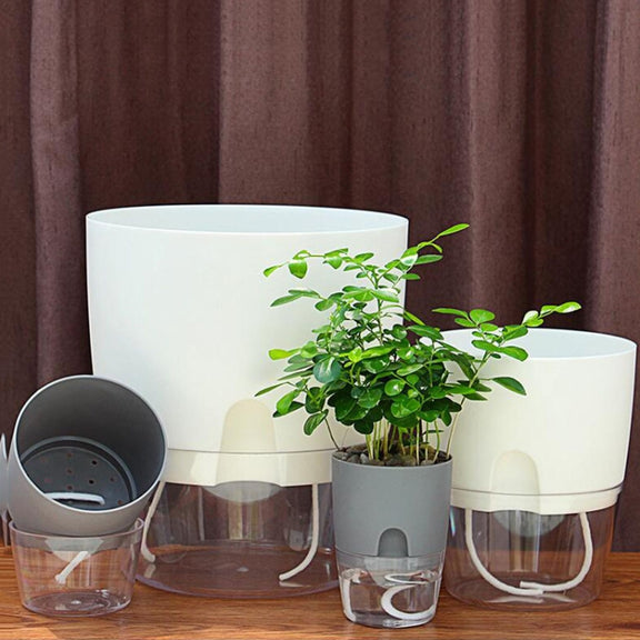 Transparent Plastic Double-Layer Water Storage Automatic Water-Absorbing Flowerpot, Size: A705 Caliber 10.5cm(Gray Transparent Basin)