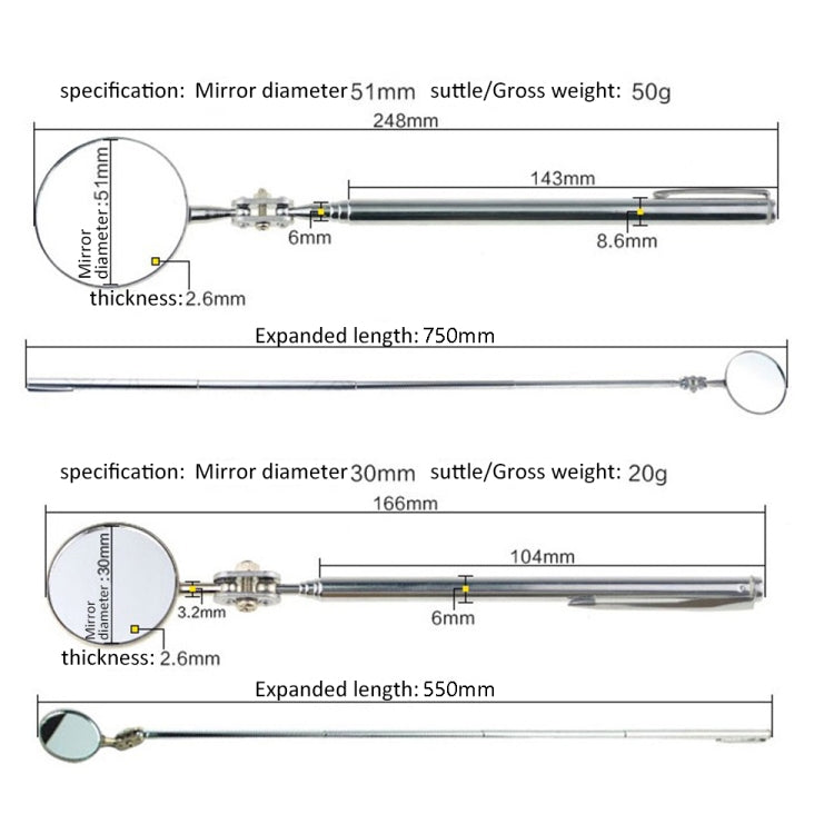 Car Repair Detection Mirror Universal Folding Telescopic Mirror Welding Chassis Inspection Mirror, Model: Silver 30mm