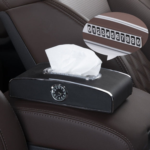 Car Clock Tissue Box Multi-Function Vehicle Instrument Table Paper Towel Box, Style: Clock+Parking Card (Black)