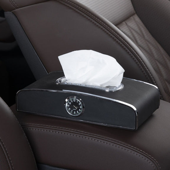 Car Clock Tissue Box Multi-Function Vehicle Instrument Table Paper Towel Box, Style: With Clock (Black)