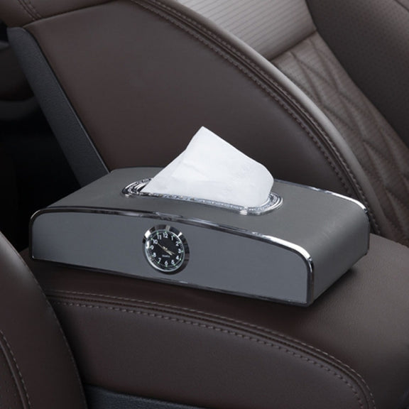 Car Clock Tissue Box Multi-Function Vehicle Instrument Table Paper Towel Box, Style: With Clock (Gray)