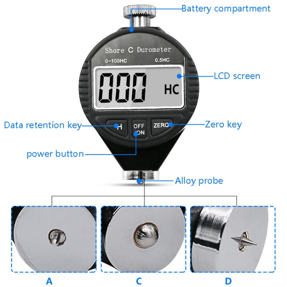 Electronic Digital Display Hard Meter Plastic Rubber Silicone Tire Hardness Meter, Model: 0-100HC C