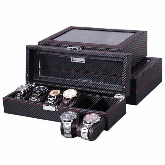Carbon Fiber PU Leather Watch Box Jewelry Storage Box Packaging Box, Style:  Double-layer