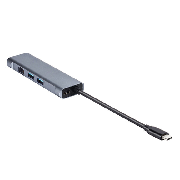 T1901 Type-C Docking Station Multifunction Adapter HD Media Interface + RJ45 + USB3.0 X 2 + SD + TF Multifunction Hub(6 in 1 Silver Gray)
