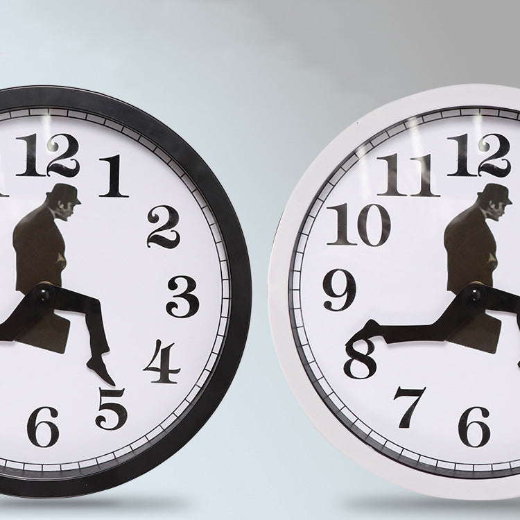 Walking Clock Businessman Briefcase Glass Wall Clock Personality Clock Decoration Round Clock(Black)