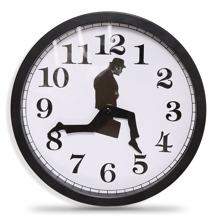 Walking Clock Businessman Briefcase Glass Wall Clock Personality Clock Decoration Round Clock(Black)