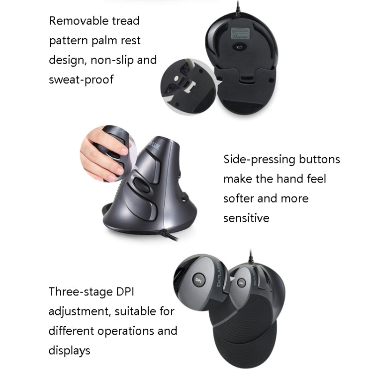 DELUX M618 6-Keys Vertical Handheld Mouse Ergonomic Wired Mouse, Cable Length: 1.5m(Black)