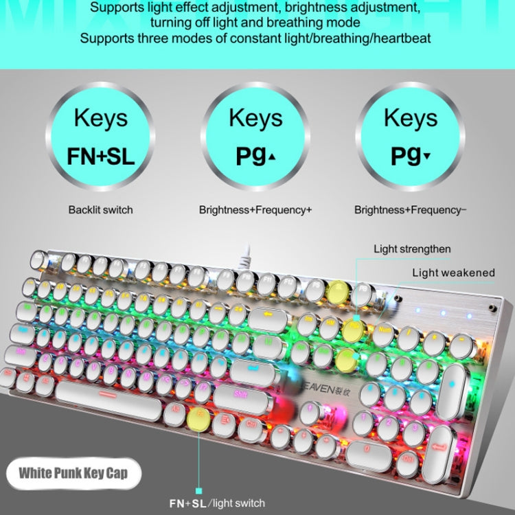 104 Keys Green Shaft RGB Luminous Keyboard Computer Game USB Wired Metal Mechanical Keyboard, Cabel Length:1.5m, Style: Punk Word Through Version (White)