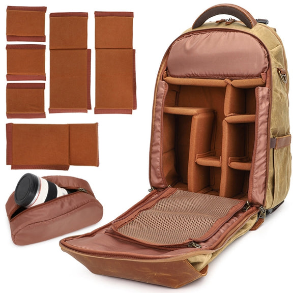 K805 Water-resistant Batik Canvas Camera Backpack Outdoor Liner Shoulder Photography Bag(Soil Yellow)