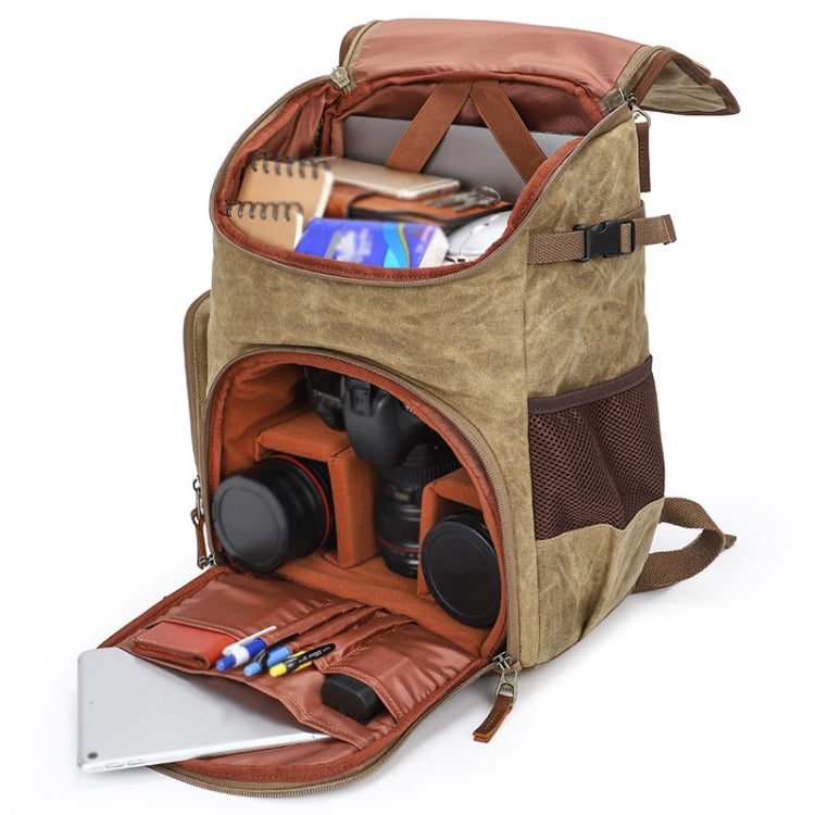 K001-D Leisure Shoulder Camera Bag Water-resistant Retro Canvas Camera Storage Backpack(Khaki)