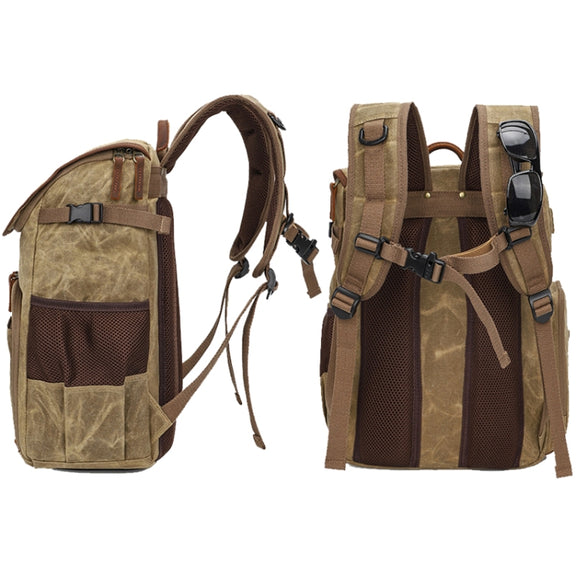 K001-D Leisure Shoulder Camera Bag Water-resistant Retro Canvas Camera Storage Backpack(Khaki)