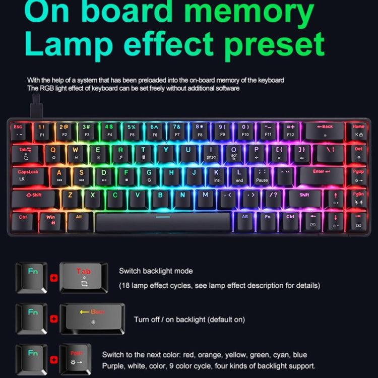 T8 68 Keys Mechanical Gaming Keyboard RGB Backlit Wired Keyboard, Cable Length:1.6m(Black Tea Shaft)
