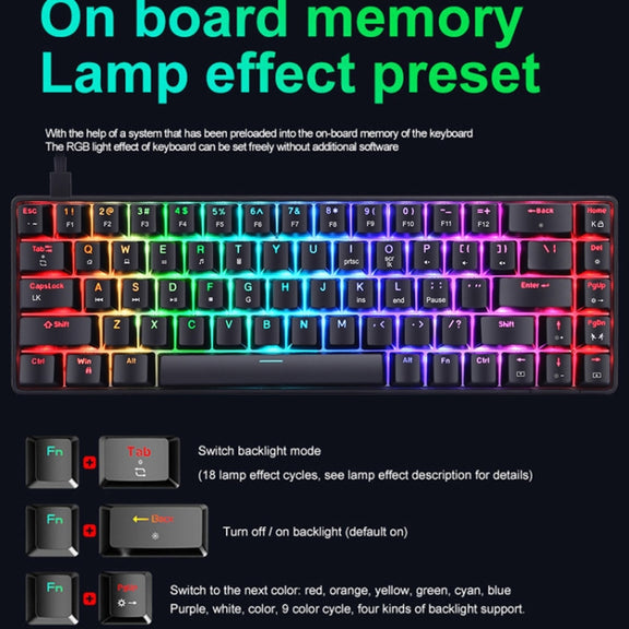 T8 68 Keys Mechanical Gaming Keyboard RGB Backlit Wired Keyboard, Cable Length:1.6m(White Green Shaft)