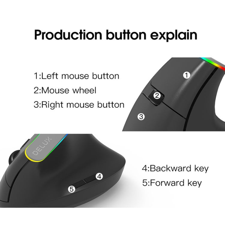 DELUX M618DB 6-Keys 1600 DPI RGB Vertical Wireless Bluetooth Dual-Mode Mouse(Lithium Bluetooth Version)