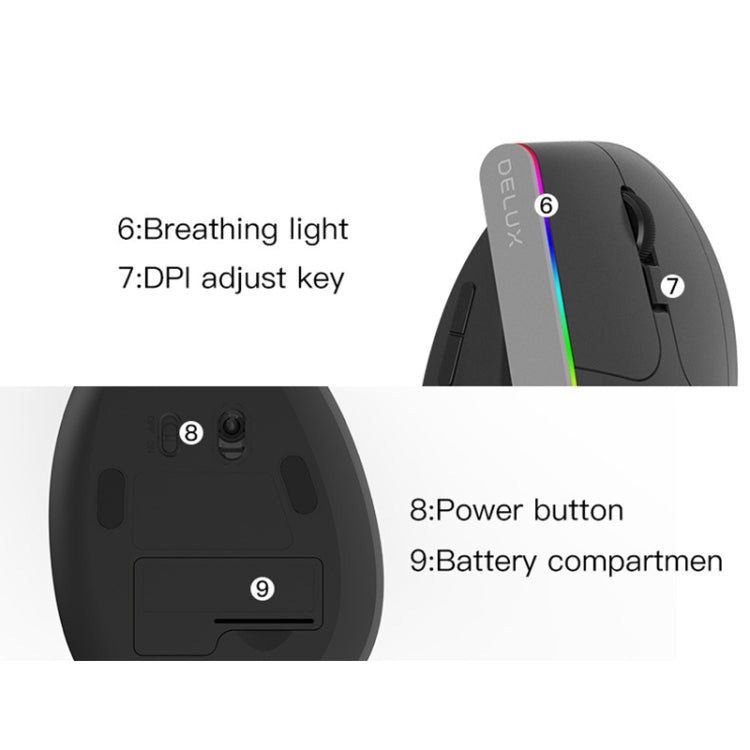DELUX M618DB 6-Keys 1600 DPI RGB Vertical Wireless Bluetooth Dual-Mode Mouse(Lithium Bluetooth Version)
