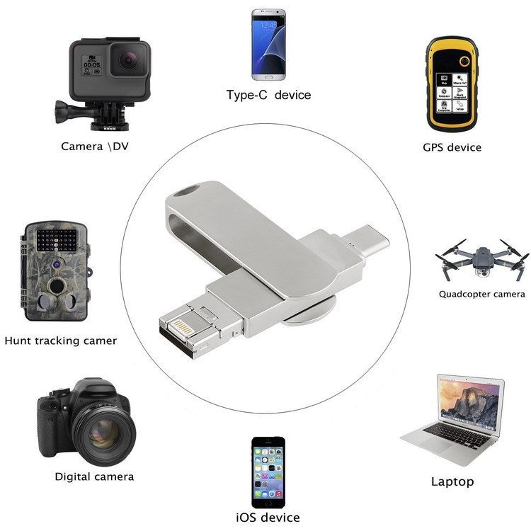 32GB USB 3.0 + 8 Pin + USB-C / Type-C 3 in 1 Phone Computer Rotatable Metal U-Disk