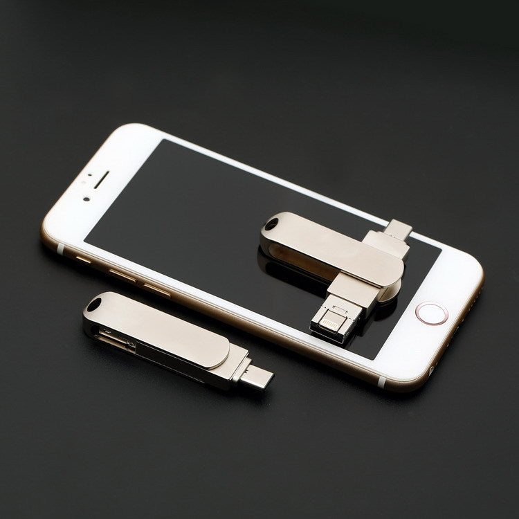 64GB USB 3.0 + 8 Pin + USB-C / Type-C 3 in 1 Phone Computer Rotatable Metal U-Disk