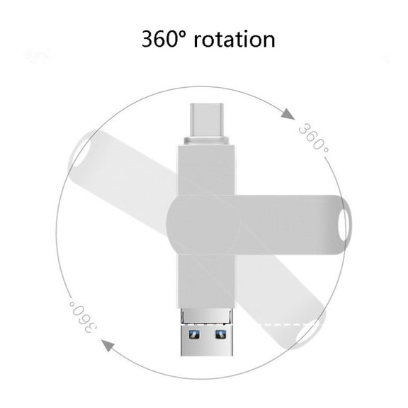 128GB USB 3.0 + 8 Pin + USB-C / Type-C 3 in 1 Phone Computer Rotatable Metal U-Disk