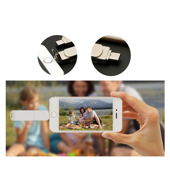 128GB USB 3.0 + 8 Pin + USB-C / Type-C 3 in 1 Phone Computer Rotatable Metal U-Disk