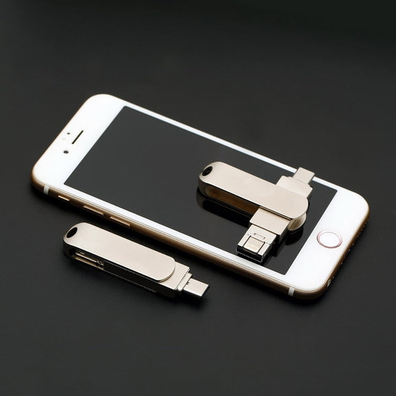 128GB USB 3.0 + 8 Pin + USB-C / Type-C 3 in 1 Phone Computer Rotatable Metal U-Disk