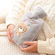 Hot Compress Stomach Hot Water Bottle Flannel Cover Cartoon Hand Warmer(Light Grey)
