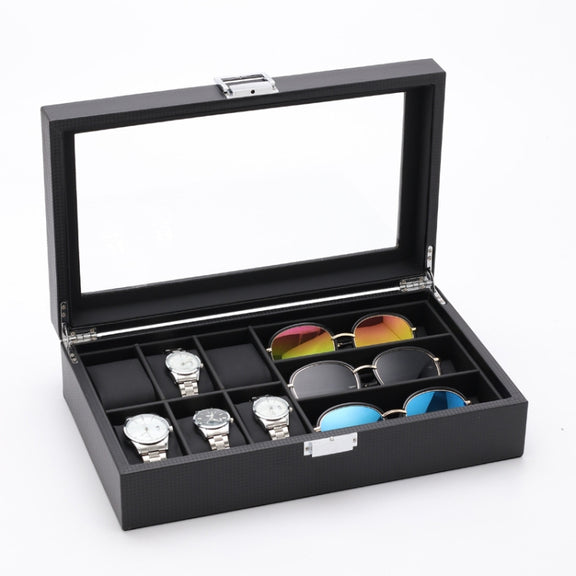 6+3 PU Watch Glasses Case Carbon Fiber PU Skin Watch Box Sunglasses Box(Brown)