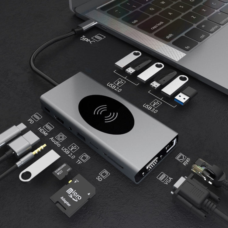 BX15W USB HUB Type-C Docking Station with Wireless Charge Function(15 in 1)