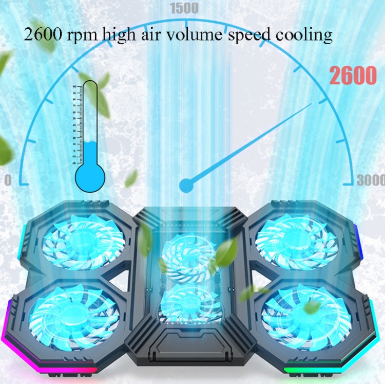 F12 6 Fans USB Semiconductor Computer Radiator Notebook Stand with Phone Holder, Colour: Blue Light + RGB Light