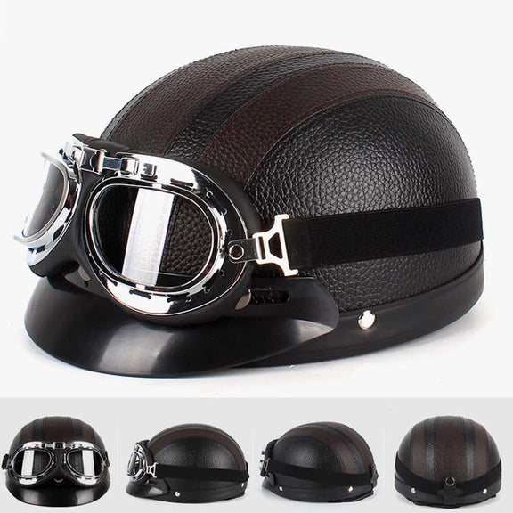 BSDDP A0318 PU Helmet With Goggles, Size: One Size(Black Brown)