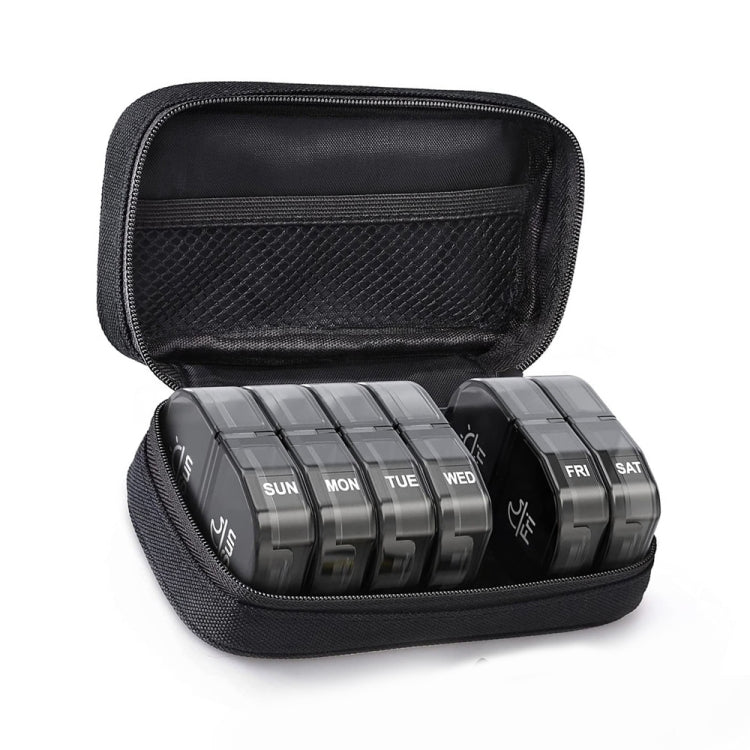 14 Compartment Medicine Box Plastic Double Row Leather Bag Pill Box(Black)