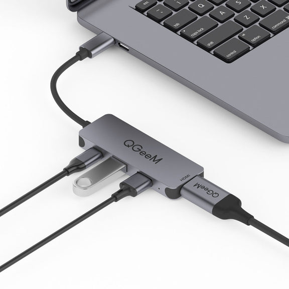 QGeeM UH04-1 4 In 1 USB 3.0 Multifunction Type-C Extension HUB Adapter(Silver Gray)