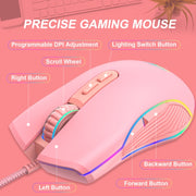 E32  7 Keys 3200 DPI Pink Girls RGB Glowing Wired Mouse Gaming Mouse, Interface: Type-C