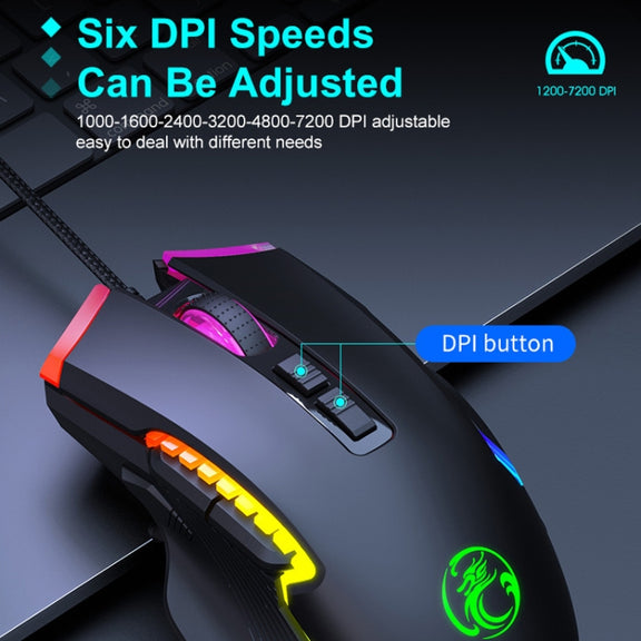IMICE T70 8-Button 7200DPI RGB Lighting Programmable Wired Gaming Mouse, Cable Length: 1.8m(Black)