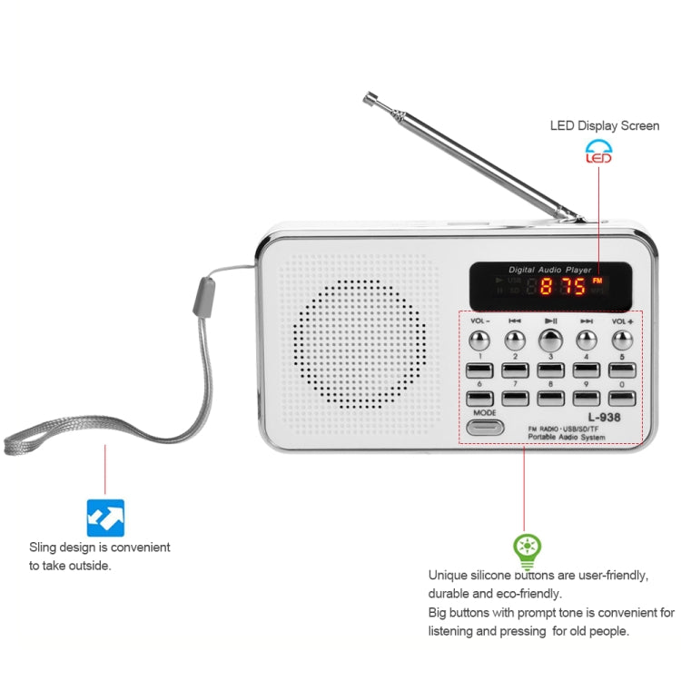 L-938  MP3 Audio Player FM Radio Support  SD MMC Card AUX-IN Earphone-out(White)