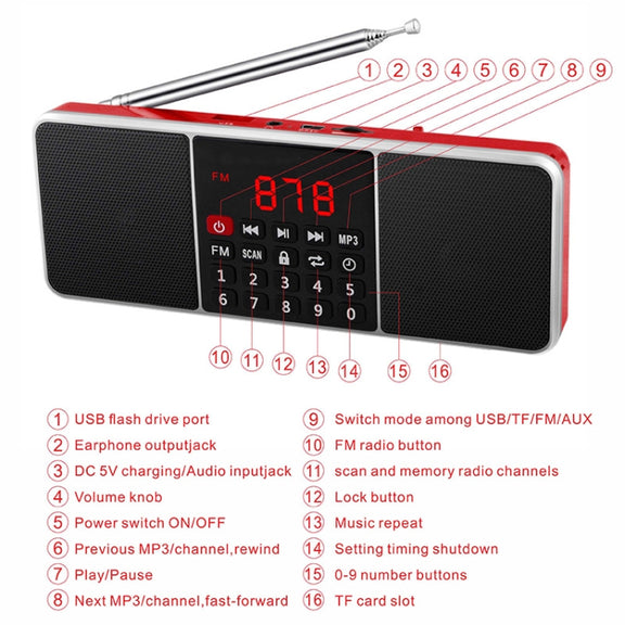 L-288AM  Bluetooth Dual Speaker Radio MP3 Player Support TF Card/U Disk with LED Display(Gold)