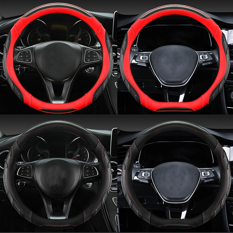 Leather Carbon Fiber Stitching Car Steering Wheel Set, Diameter: 38cm(Black Red Round)