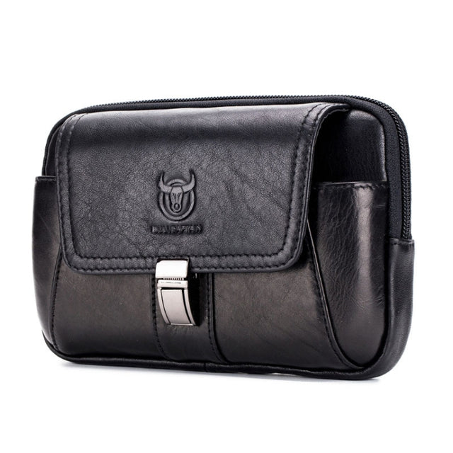 BULL CAPTAIN Multifunctional Leather Mobile Phone Small Waist Bag For Men(Horizontal Black)