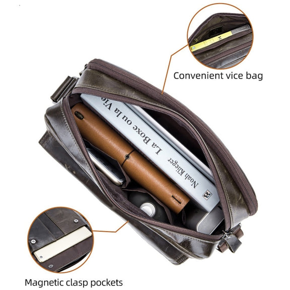 BULL CAPTAIN  Double Layer Leather One Shoulder Messenger Bag For Men(Iron Blue)