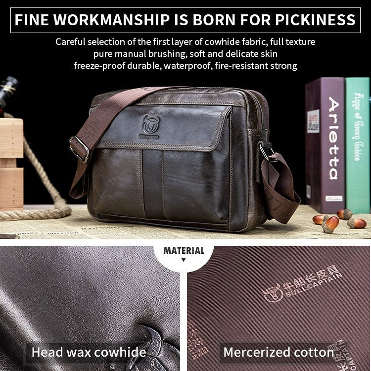 BULL CAPTAIN  Double Layer Leather One Shoulder Messenger Bag For Men(Iron Blue)