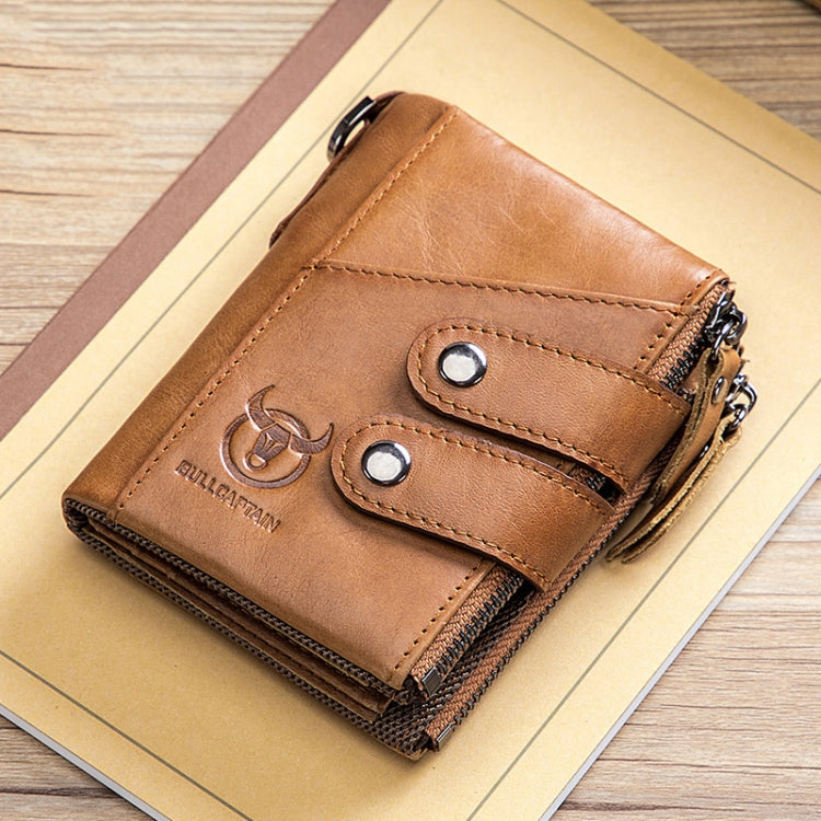 BULL CAPTAIN  Leather Three-fold Zipper Wallet For Men(Yellow Brown)