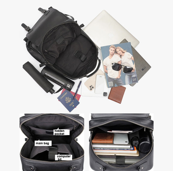 Casual Business Cowhide Leather Backpack Laptop Bag For Men(Black)